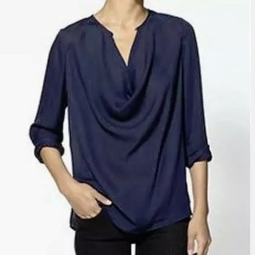 Vince 100% Silk  bias cut long sleeve blouse Navy 8